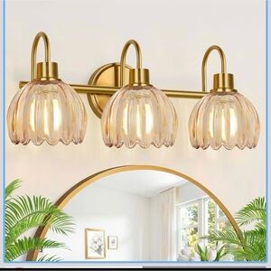 Brushed Gold Vanity Lights for Bathroom with Ribbed Amber Tulip Glass Shade